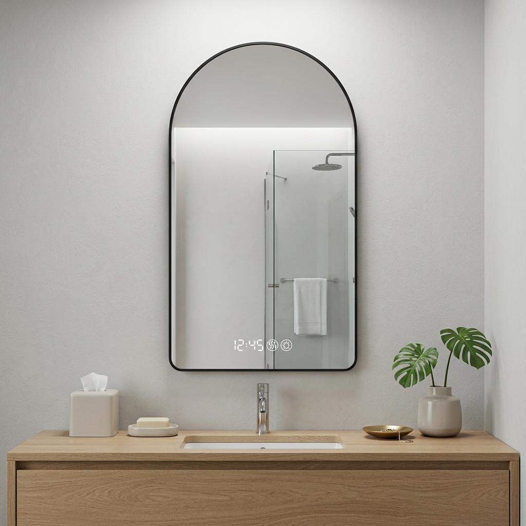 48" Black Aluminum Arch Lighted Framed Anti Fog Bathroom Vanity Mirror - HomeRoots - Flyclothing LLC