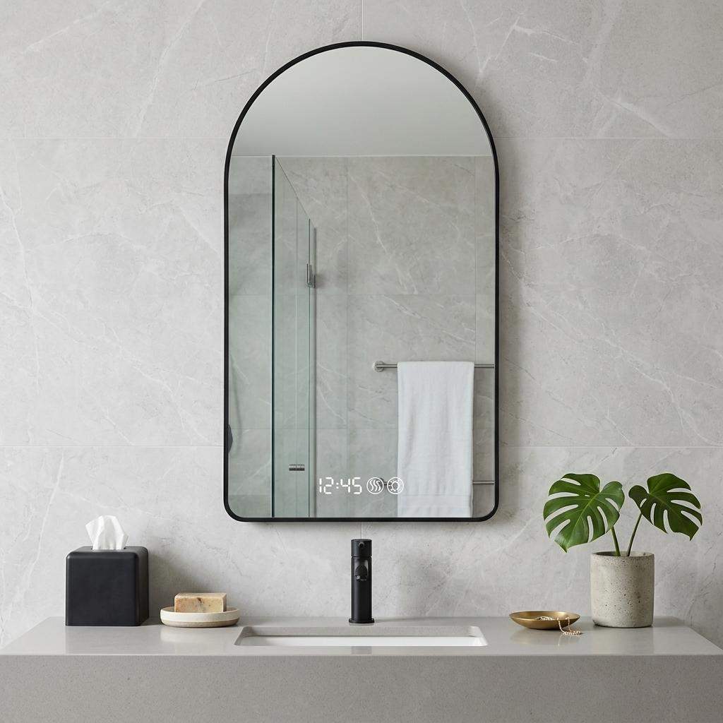 59" Black Aluminum Arch Lighted Framed Anti Fog Bathroom Vanity Mirror - HomeRoots - Flyclothing LLC
