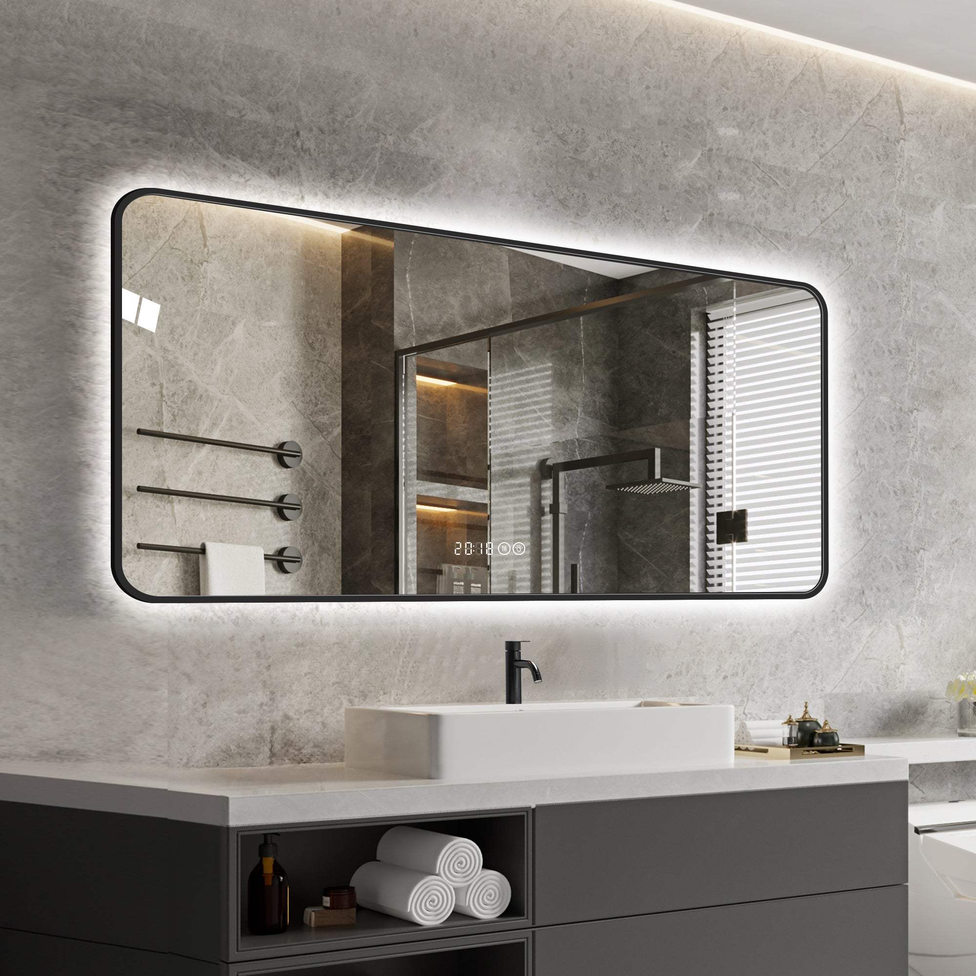 24" Black Aluminum Lighted Framed Anti Fog Bathroom Vanity Mirror - HomeRoots - Flyclothing LLC