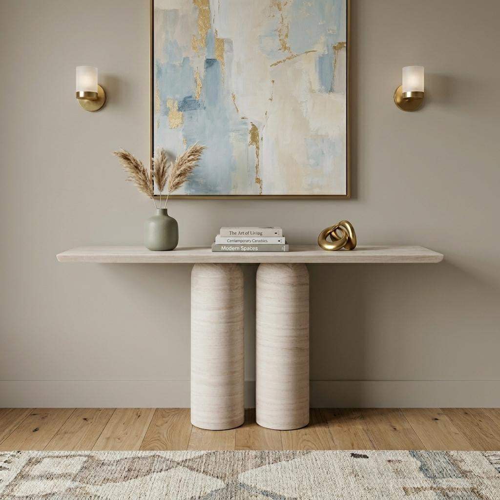 60" Beige Genuine Marble Pedestal Console Table - HomeRoots - Flyclothing LLC