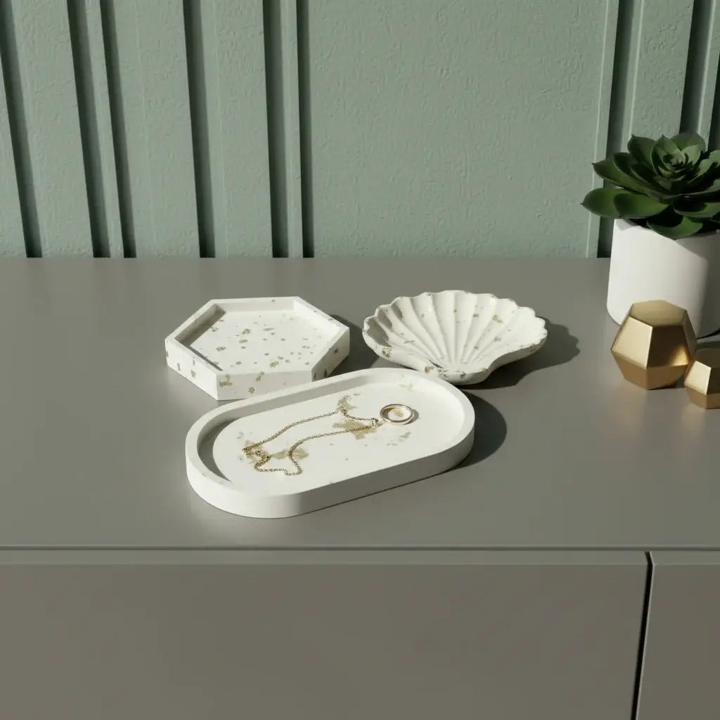 Set of Three Gold And White Resin Handmade Trinket Trays - Homeroots - Flyclothing LLC