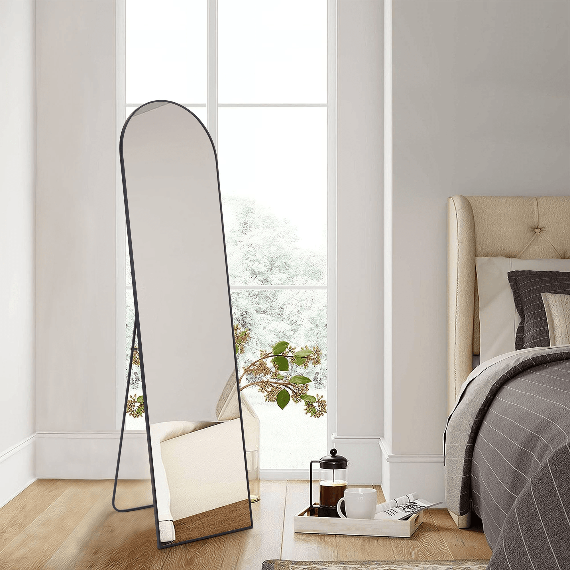 59" Black Aluminum Arch Freestanding And Wall Mounted Framed Full Length Mirror - HomeRoots - Flyclothing LLC