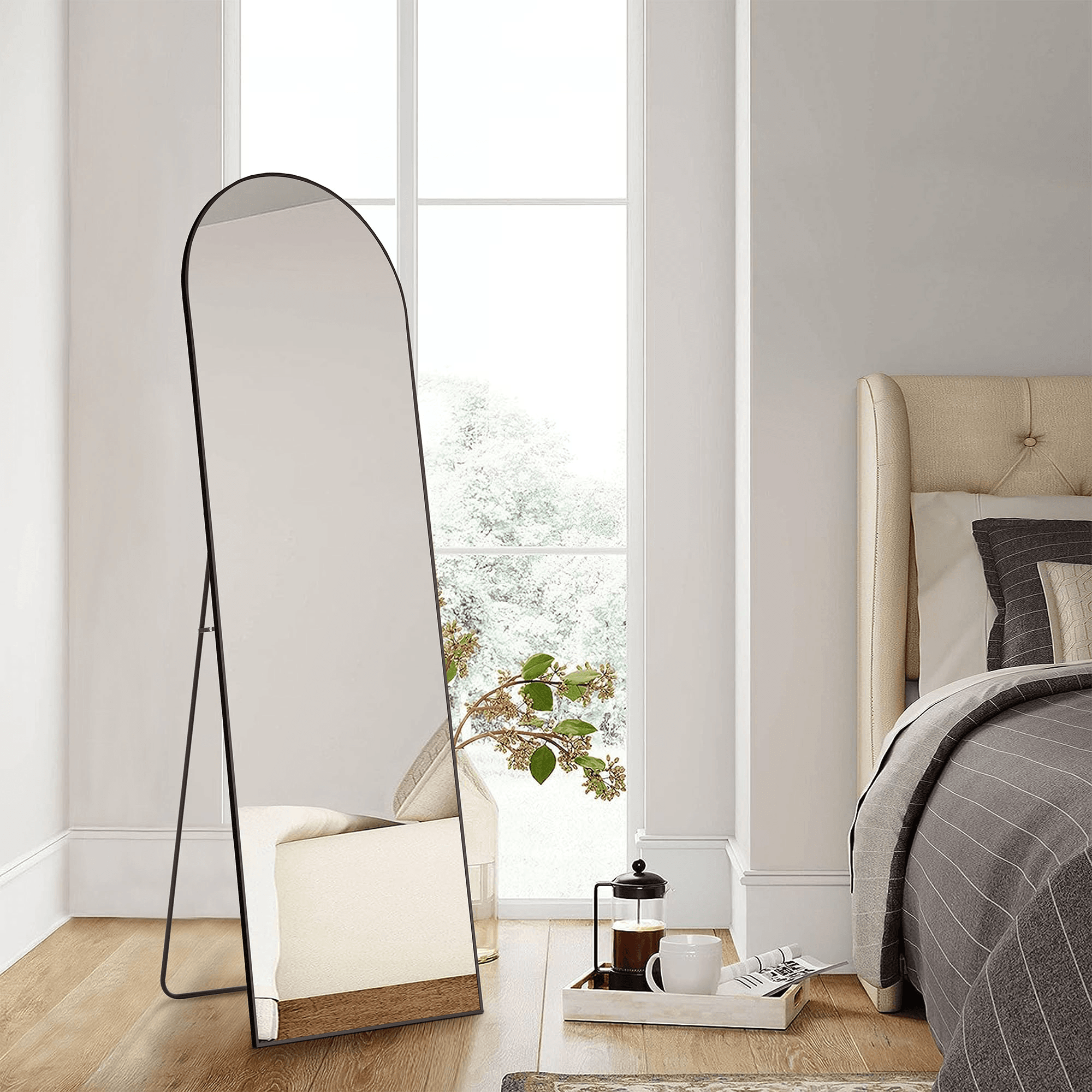 64" Black Aluminum Arch Freestanding And Wall Mounted Framed Full Length Mirror - HomeRoots - Flyclothing LLC