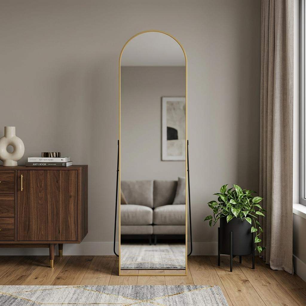 56" Gold Aluminum Arch Freestanding And Wall Mounted Framed Full Length Mirror - HomeRoots - Flyclothing LLC