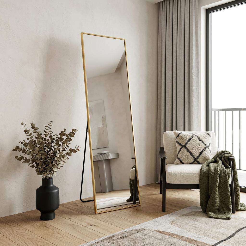 55" Gold Aluminum Freestanding And Wall Mounted Framed Full Length Mirror - HomeRoots - Flyclothing LLC