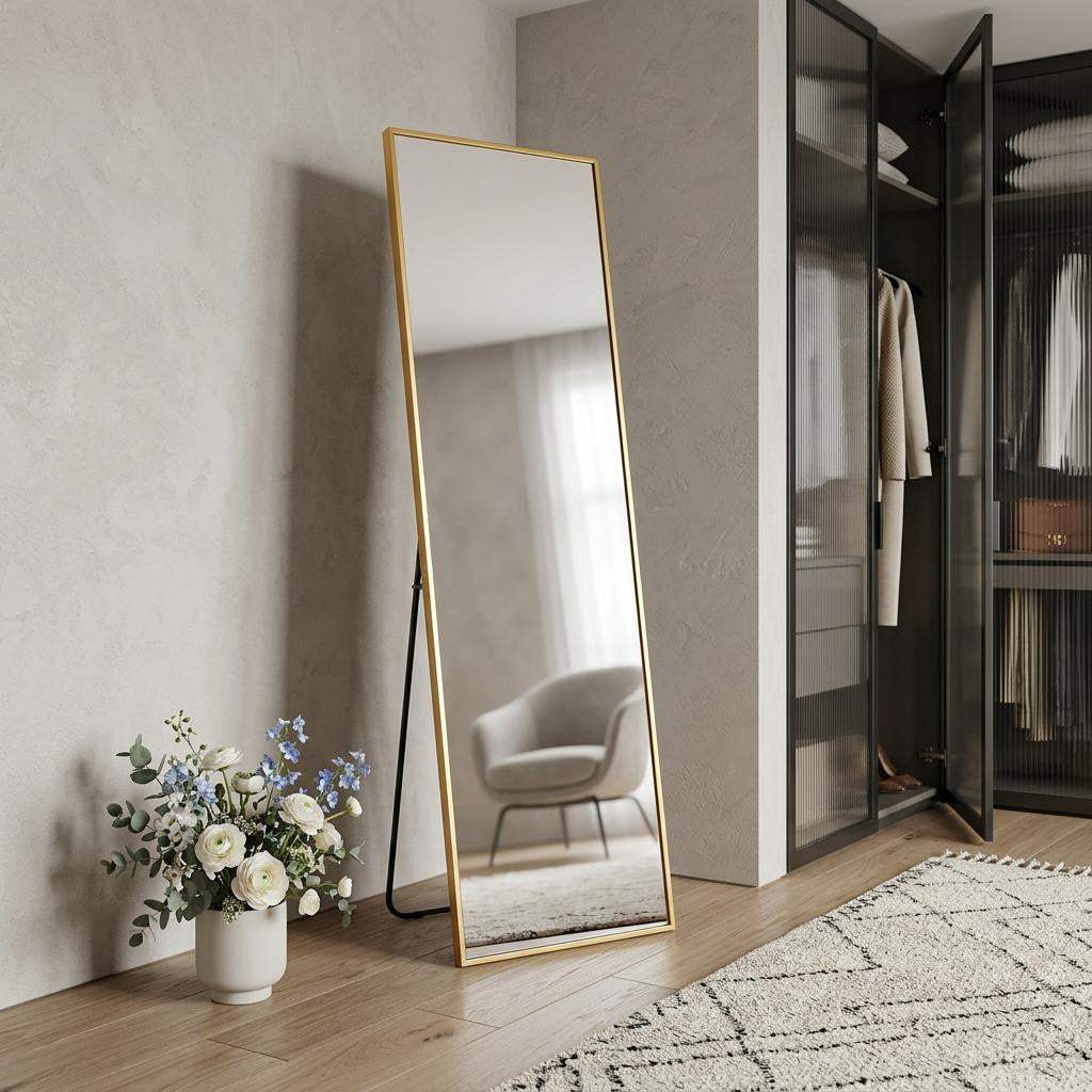 64" Gold Aluminum Freestanding And Wall Mounted Framed Full Length Mirror - HomeRoots - Flyclothing LLC