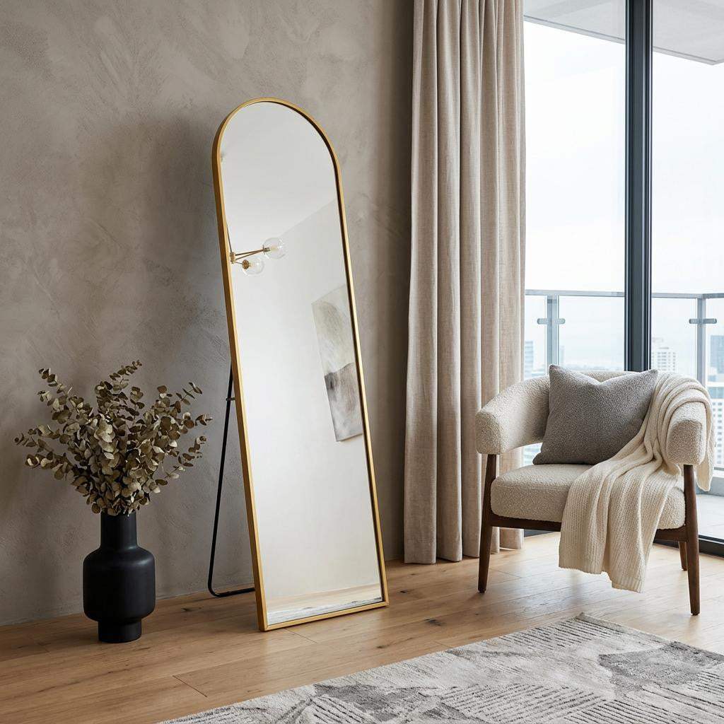 57" Gold Aluminum Arch Freestanding And Wall Mounted Framed Full Length Mirror - HomeRoots - Flyclothing LLC