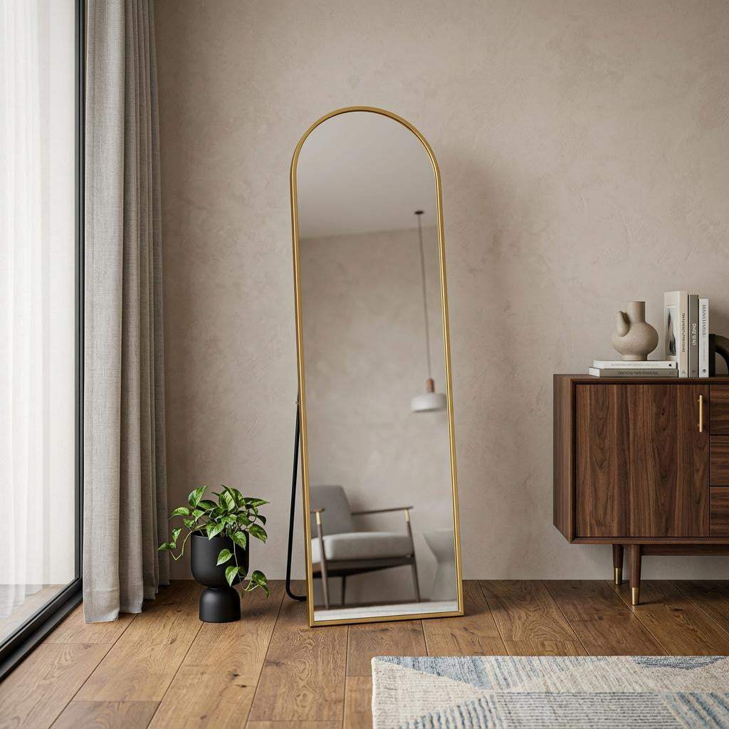 64" Gold Aluminum Arch Freestanding And Wall Mounted Framed Full Length Mirror - HomeRoots - Flyclothing LLC