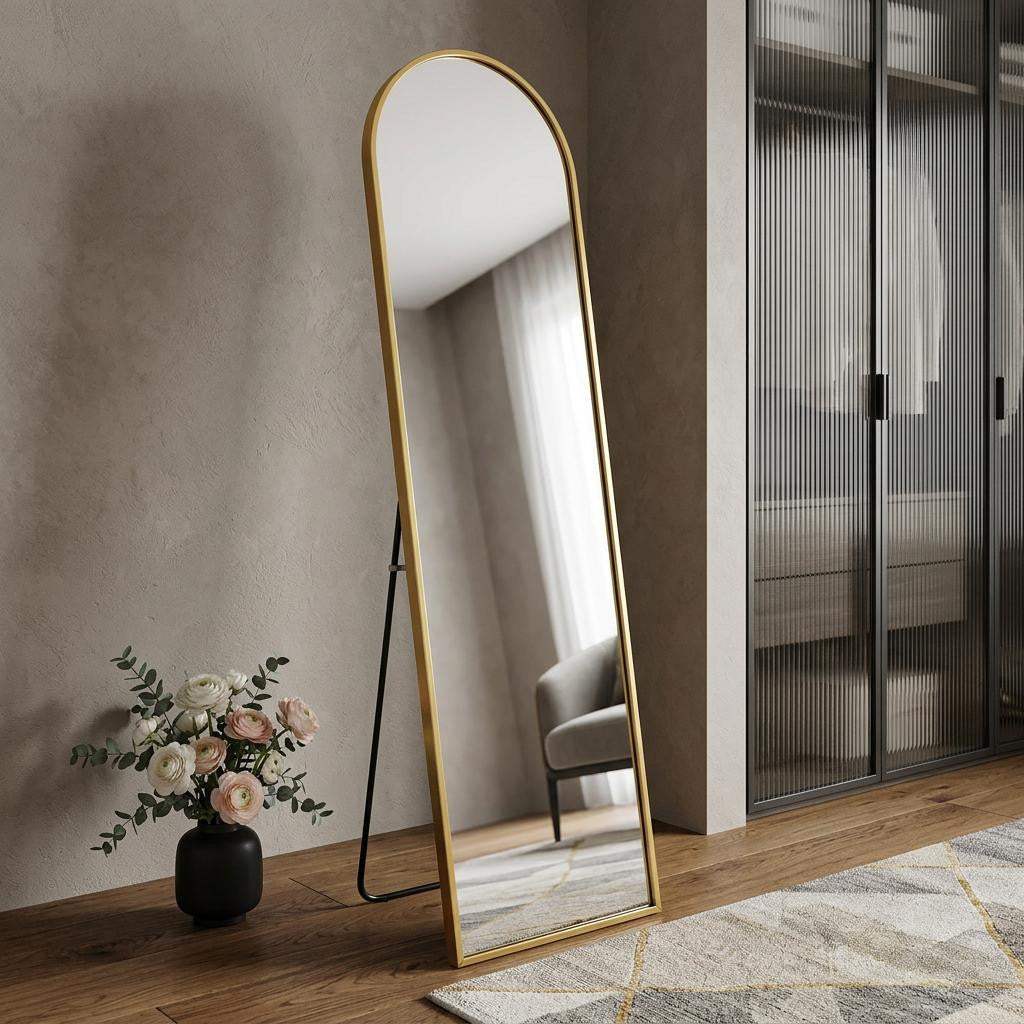 66" Gold Aluminum Arch Wall Mounted And Freestanding Framed Full Length Mirror - HomeRoots - Flyclothing LLC