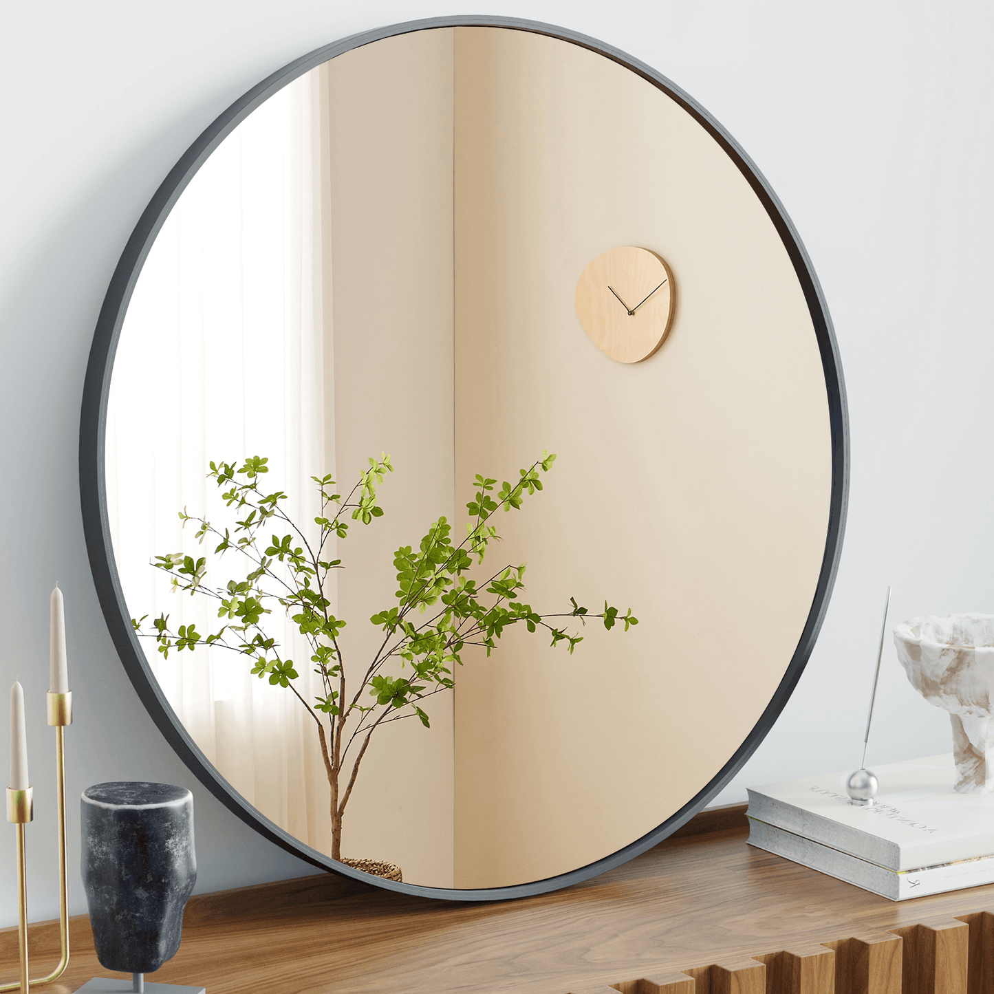 24" Black Aluminum Round Framed Accent Mirror - HomeRoots - Flyclothing LLC