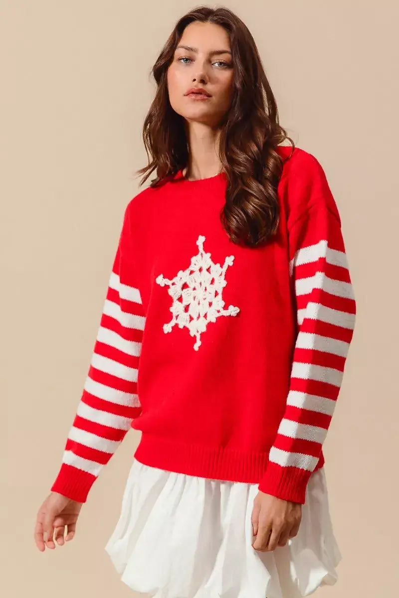 SO ME Christmas Snowflake Crochet Embellished Sweater - Trendsi - Flyclothing LLC