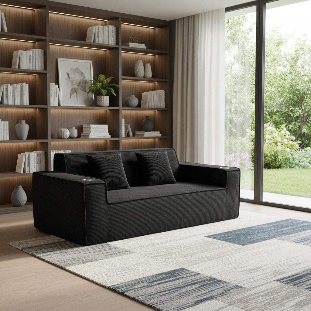 76" Black Corduroy Sofa With Toss Pillows - HomeRoots - Flyclothing LLC