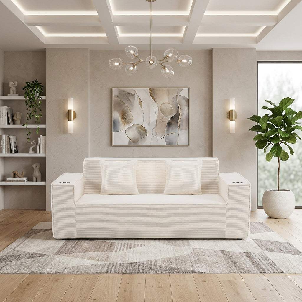 76" White Corduroy Sofa With Toss Pillows - HomeRoots - Flyclothing LLC