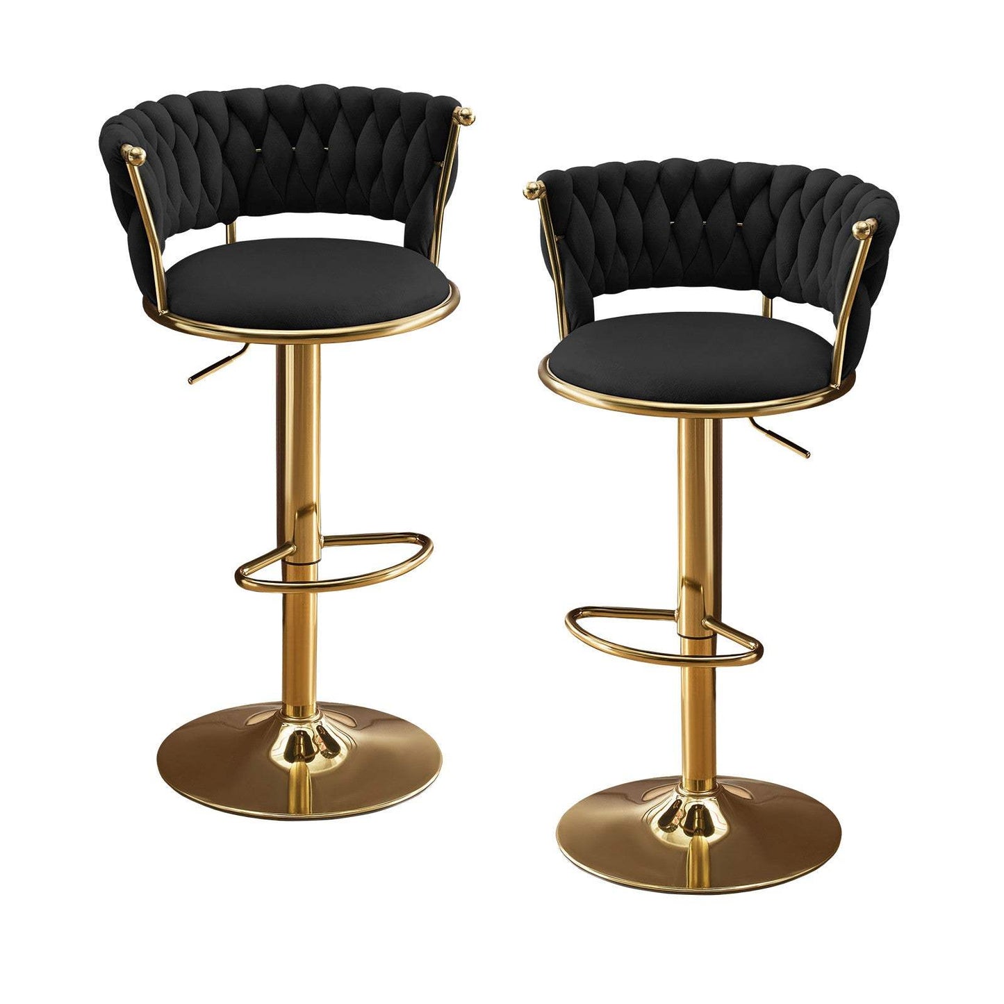 Set of Two Black and Gold Velvet and Metal Low Back Adjustable Height Swivel Bar Chairs - HomeRoots - Flyclothing LLC