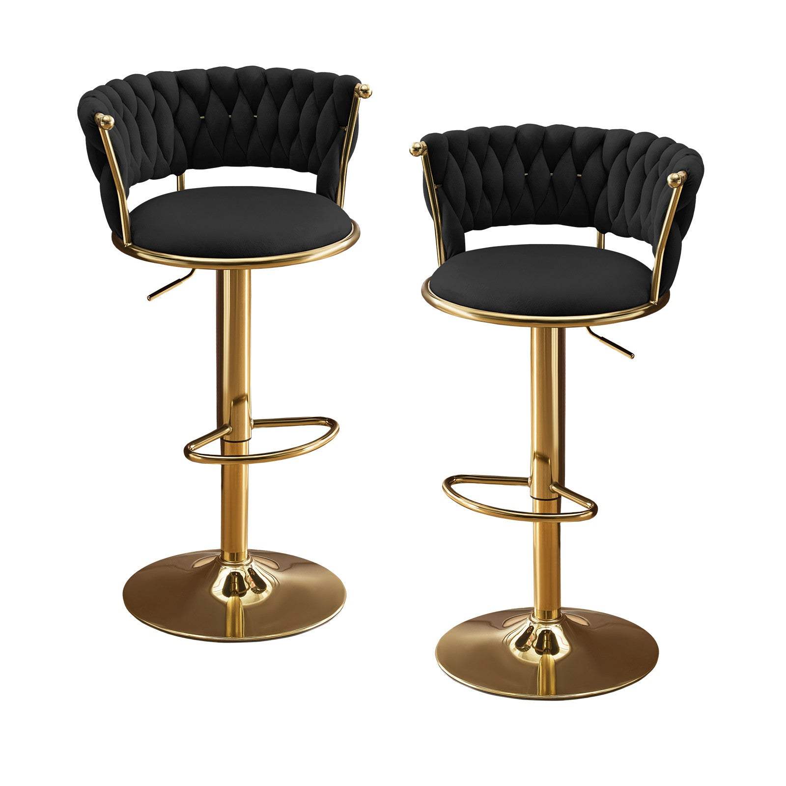 Set of Two Black and Gold Velvet and Metal Low Back Adjustable Height Swivel Bar Chairs - HomeRoots - Flyclothing LLC