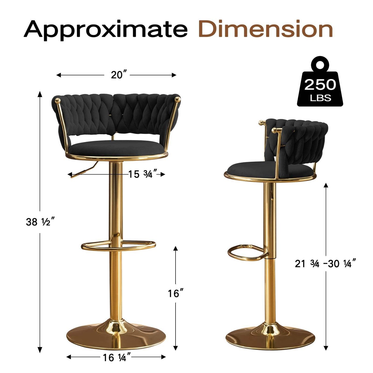 Set of Two Black and Gold Velvet and Metal Low Back Adjustable Height Swivel Bar Chairs - HomeRoots - Flyclothing LLC