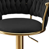 Set of Two Black and Gold Velvet and Metal Low Back Adjustable Height Swivel Bar Chairs - HomeRoots - Flyclothing LLC