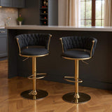 Set of Two Black and Gold Velvet and Metal Low Back Adjustable Height Swivel Bar Chairs - HomeRoots - Flyclothing LLC