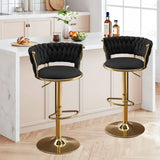 Set of Two Black and Gold Velvet and Metal Low Back Adjustable Height Swivel Bar Chairs - HomeRoots - Flyclothing LLC