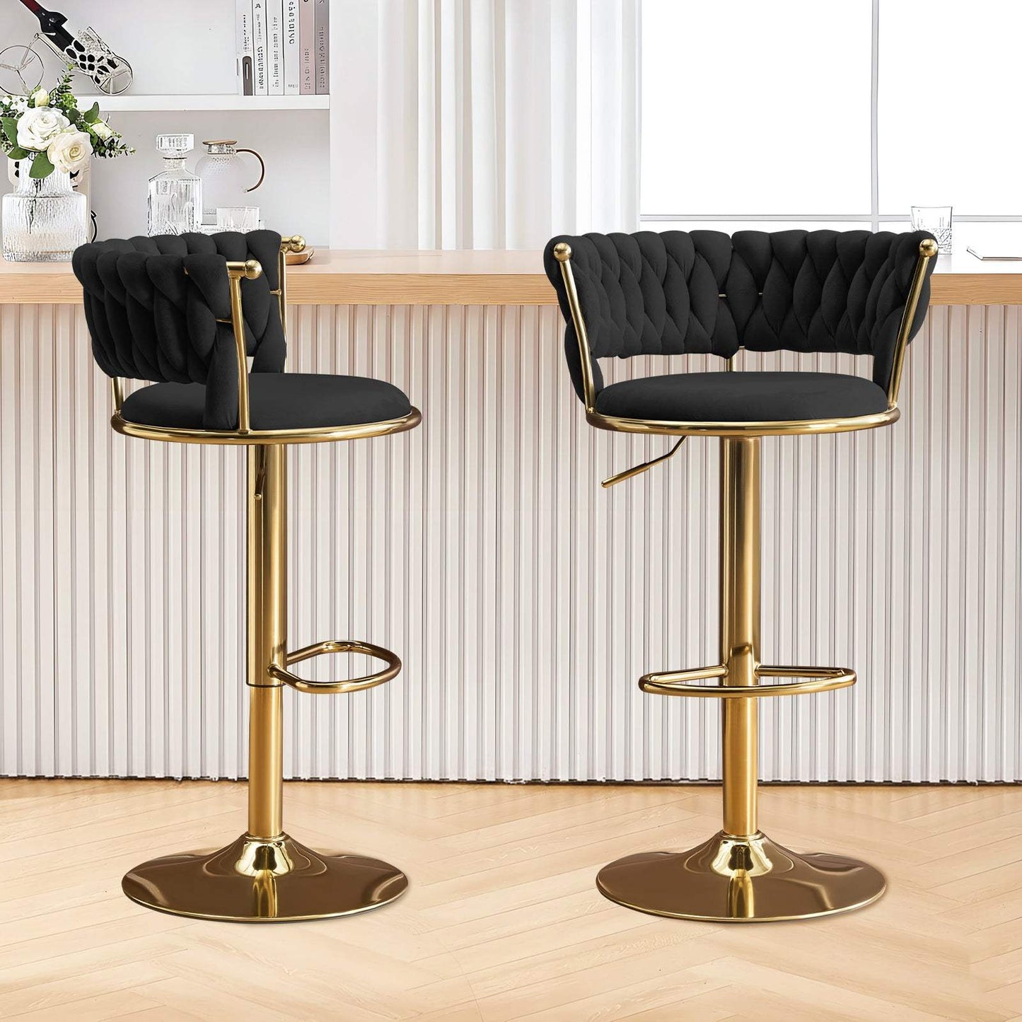 Set of Two Black and Gold Velvet and Metal Low Back Adjustable Height Swivel Bar Chairs - HomeRoots - Flyclothing LLC