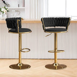 Set of Two Black and Gold Velvet and Metal Low Back Adjustable Height Swivel Bar Chairs - HomeRoots - Flyclothing LLC