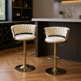 Set of Two Beige and Gold Velvet and Metal Low Back Adjustable Height Swivel Bar Chairs - HomeRoots - Flyclothing LLC