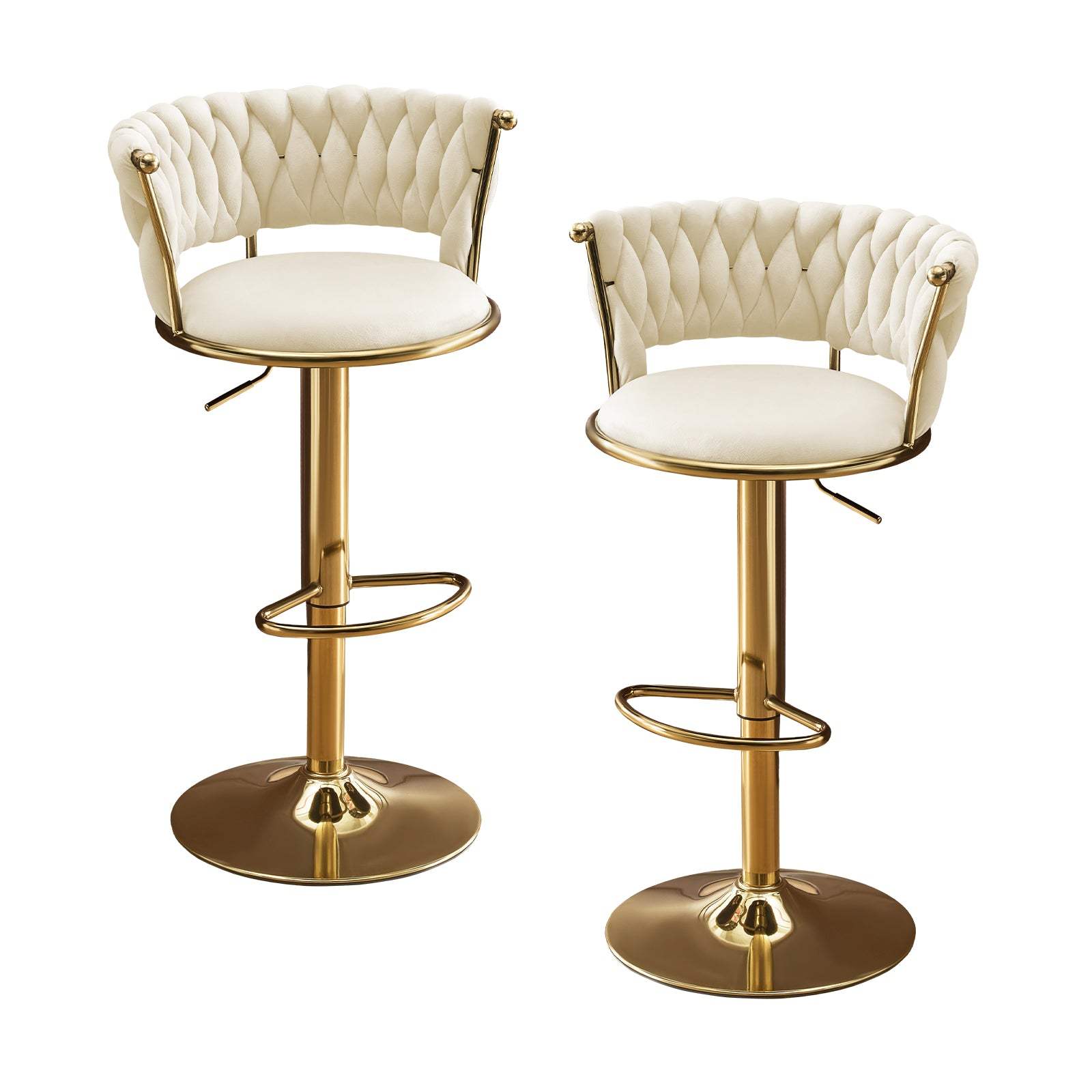 Set of Two Beige and Gold Velvet and Metal Low Back Adjustable Height Swivel Bar Chairs - HomeRoots - Flyclothing LLC