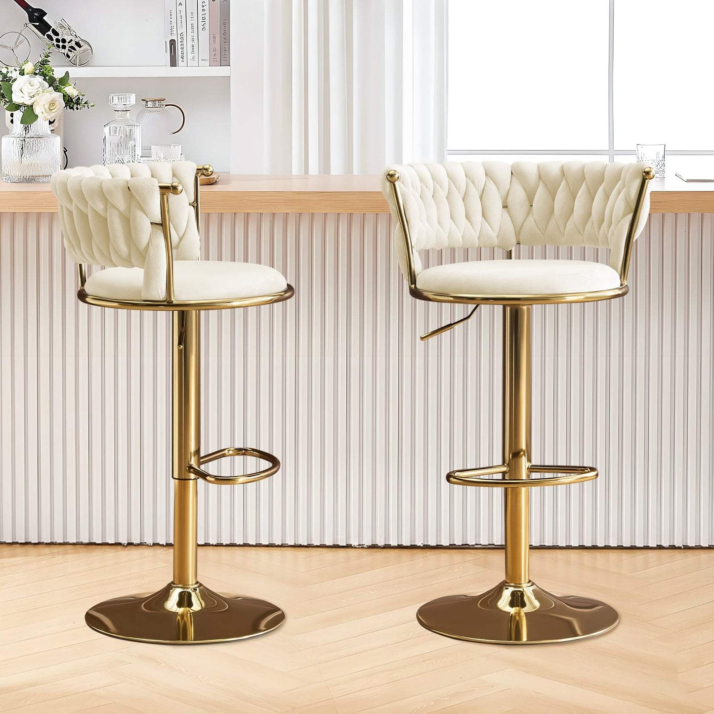 Set of Two Beige and Gold Velvet and Metal Low Back Adjustable Height Swivel Bar Chairs - HomeRoots - Flyclothing LLC