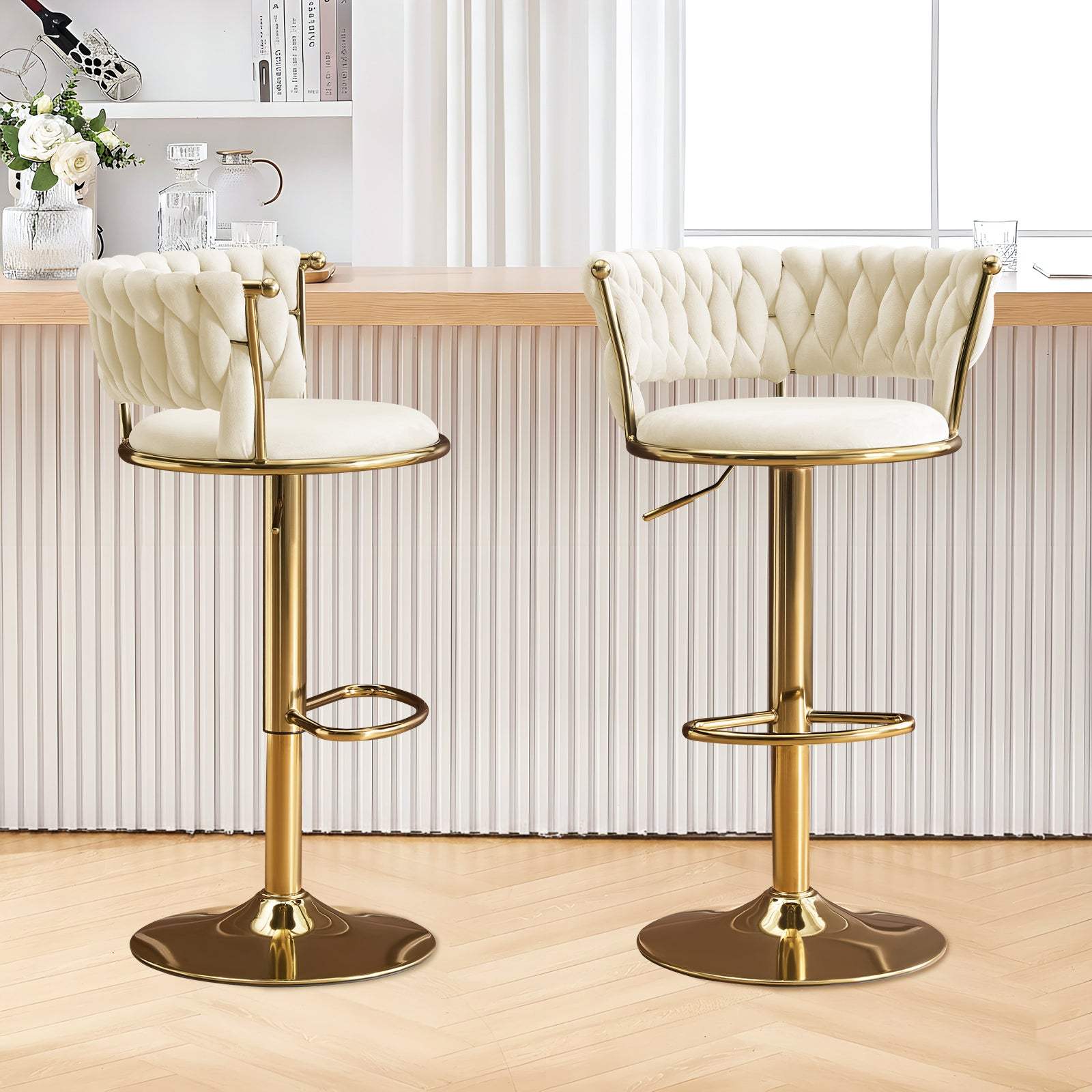 Set of Two Beige and Gold Velvet and Metal Low Back Adjustable Height Swivel Bar Chairs - HomeRoots - Flyclothing LLC