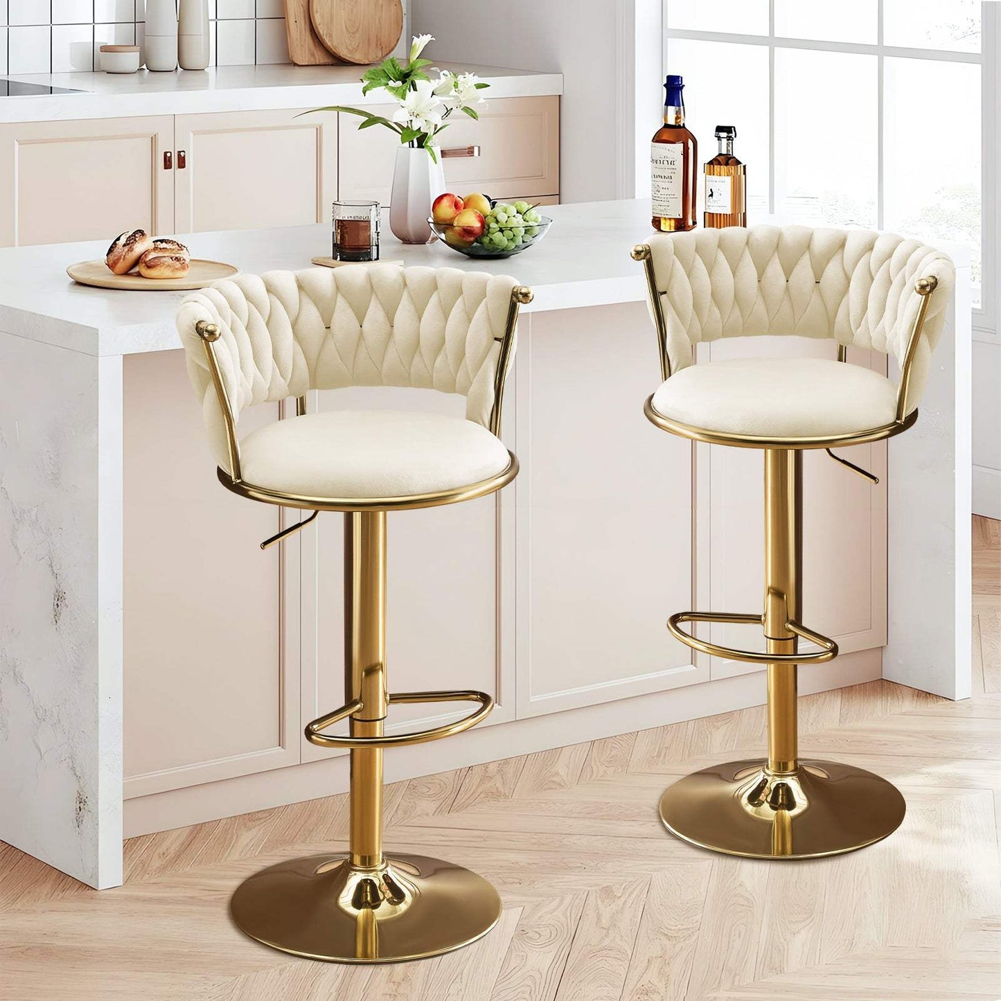 Set of Two Beige and Gold Velvet and Metal Low Back Adjustable Height Swivel Bar Chairs - HomeRoots - Flyclothing LLC