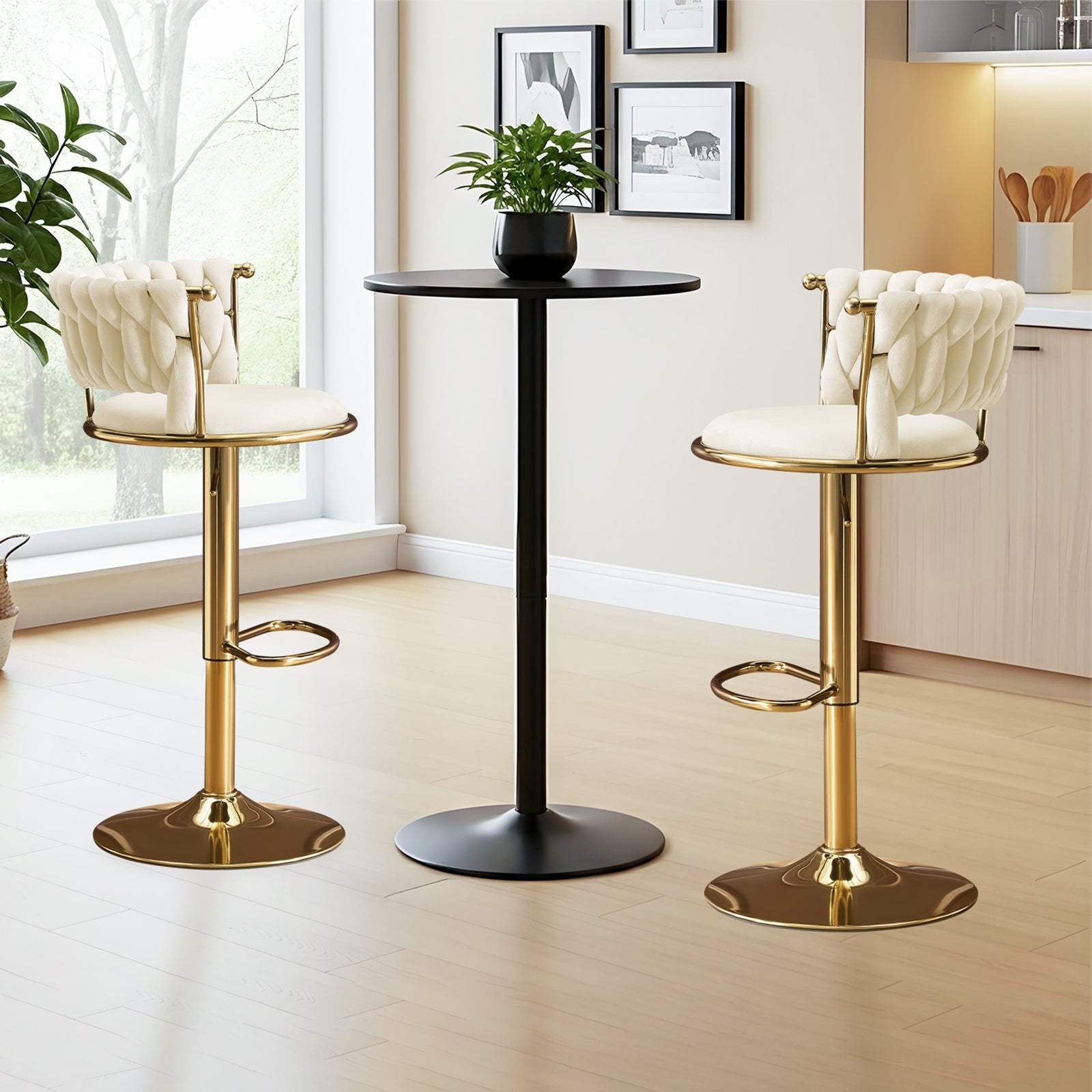 Set of Two Beige and Gold Velvet and Metal Low Back Adjustable Height Swivel Bar Chairs - HomeRoots - Flyclothing LLC