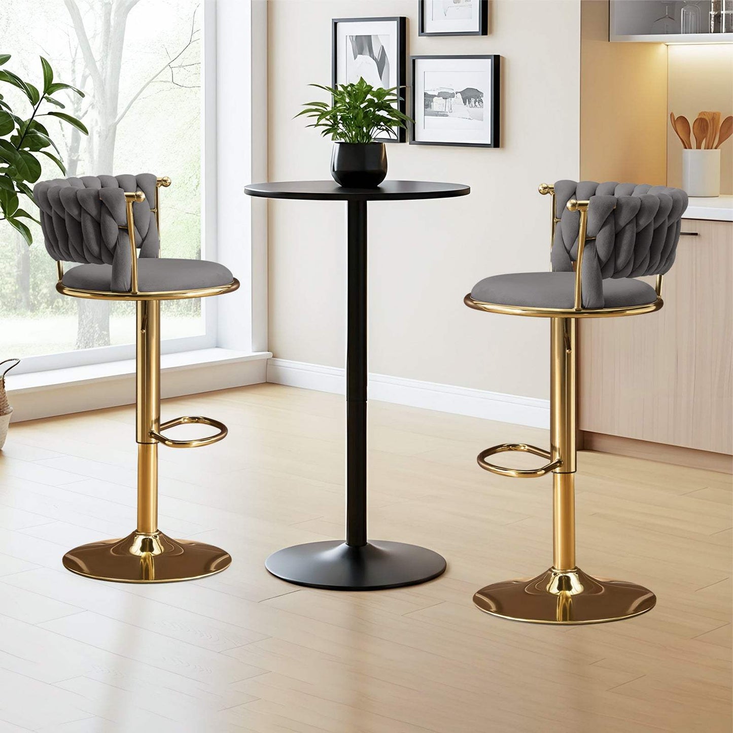 Set of Two Gray and Gold Velvet and Metal Low Back Adjustable Height Swivel Bar Chairs - HomeRoots - Flyclothing LLC
