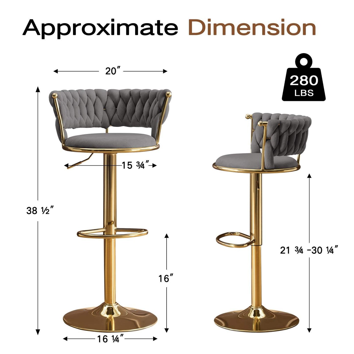 Set of Two Gray and Gold Velvet and Metal Low Back Adjustable Height Swivel Bar Chairs - HomeRoots - Flyclothing LLC