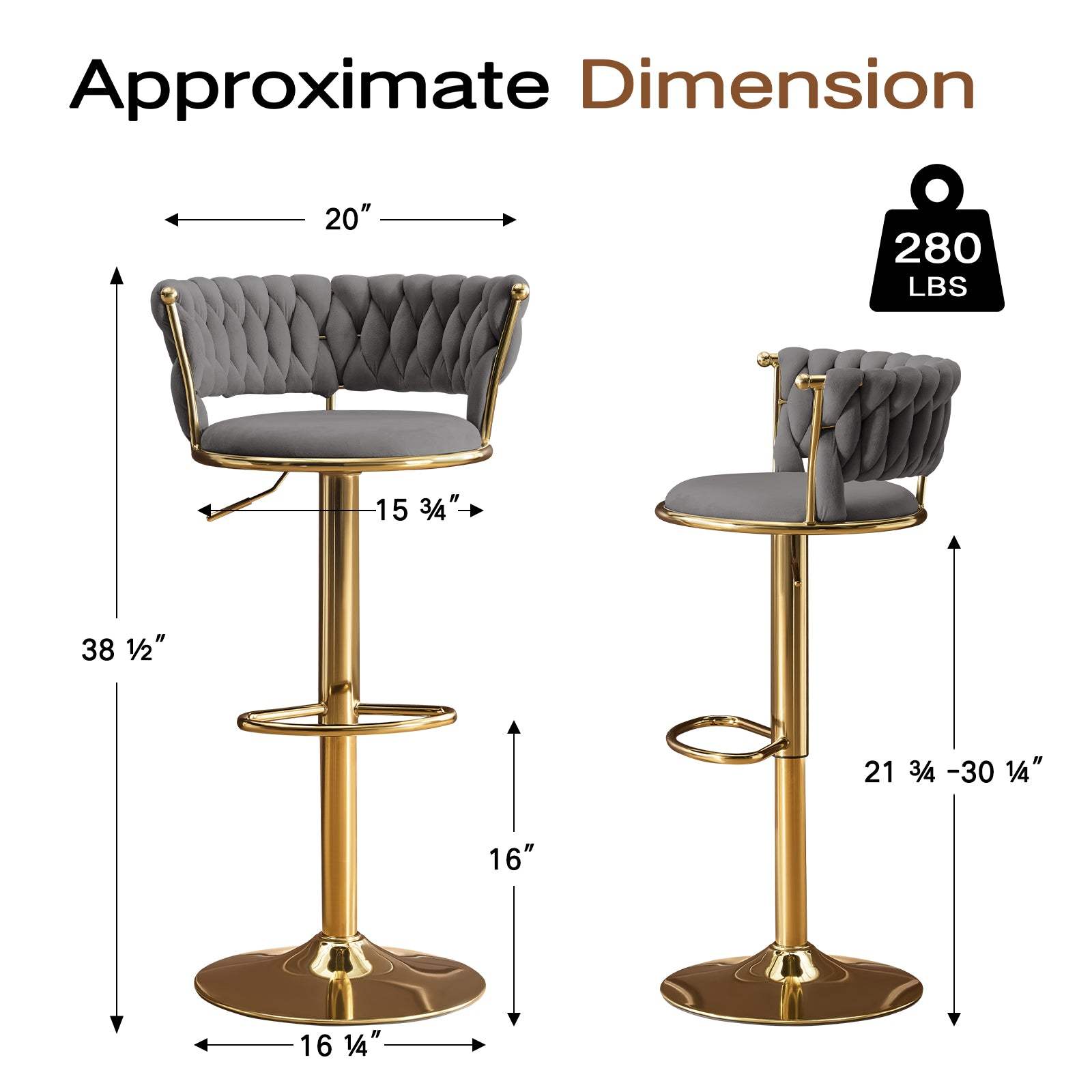 Set of Two Gray and Gold Velvet and Metal Low Back Adjustable Height Swivel Bar Chairs - HomeRoots - Flyclothing LLC