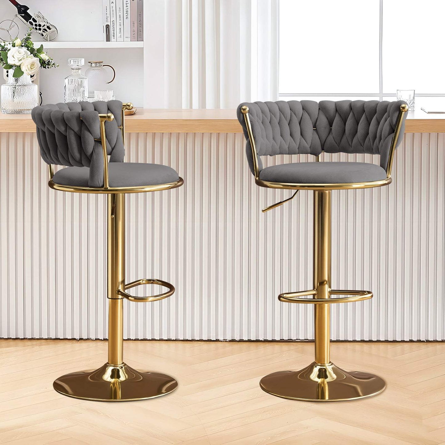Set of Two Gray and Gold Velvet and Metal Low Back Adjustable Height Swivel Bar Chairs - HomeRoots - Flyclothing LLC