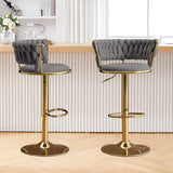 Set of Two Gray and Gold Velvet and Metal Low Back Adjustable Height Swivel Bar Chairs - HomeRoots - Flyclothing LLC
