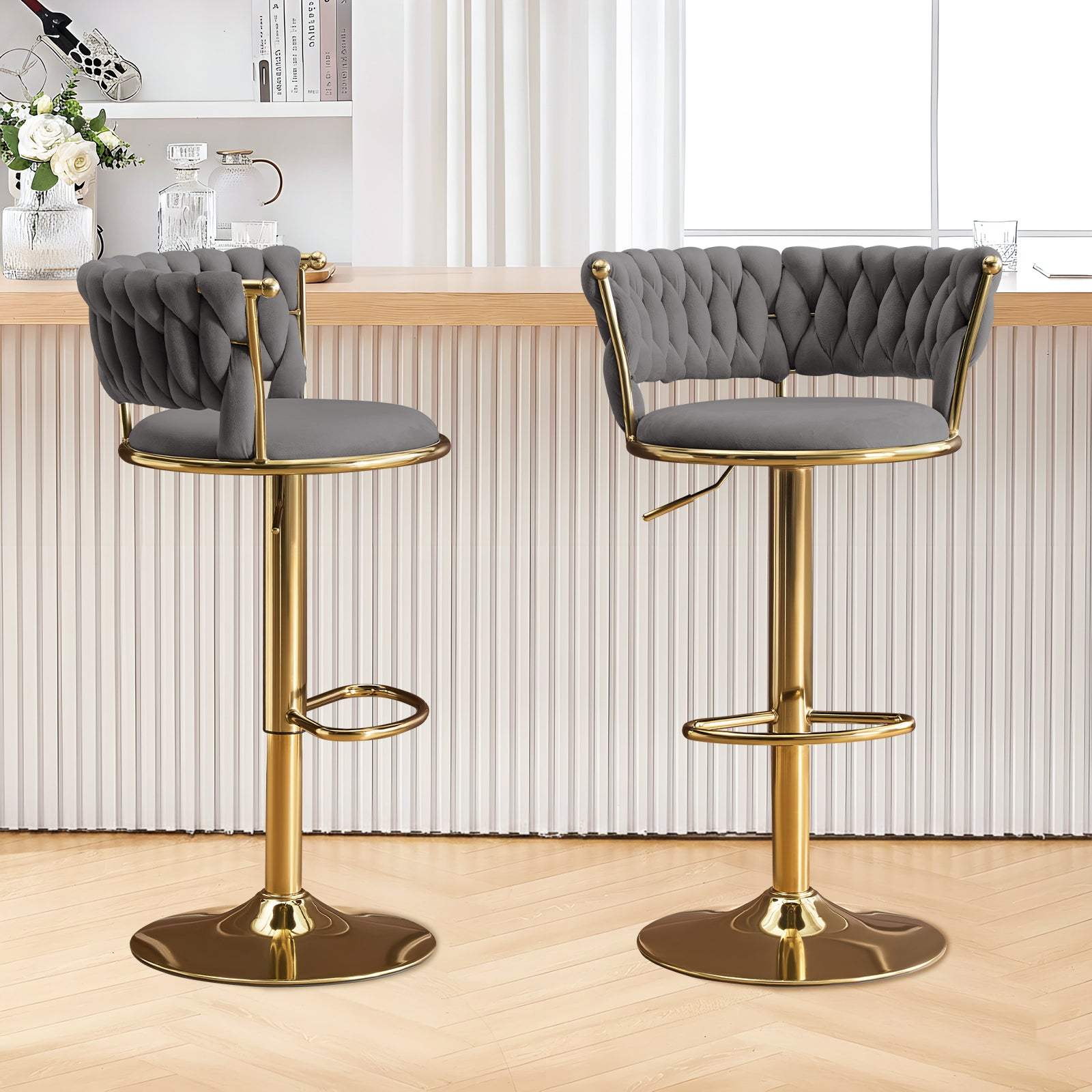 Set of Two Gray and Gold Velvet and Metal Low Back Adjustable Height Swivel Bar Chairs - HomeRoots - Flyclothing LLC