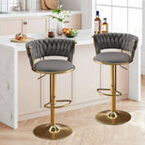 Set of Two Gray and Gold Velvet and Metal Low Back Adjustable Height Swivel Bar Chairs - HomeRoots - Flyclothing LLC