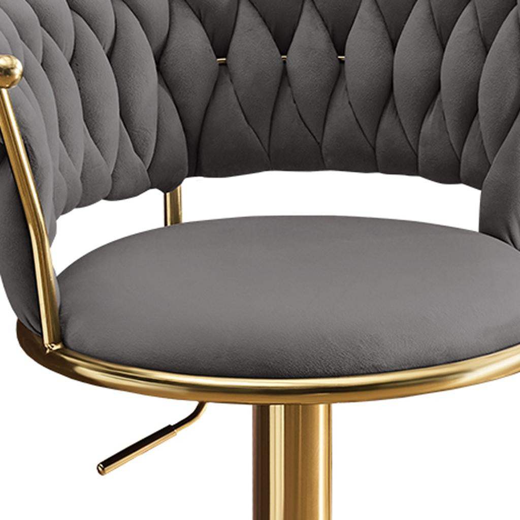 Set of Two Gray and Gold Velvet and Metal Low Back Adjustable Height Swivel Bar Chairs - HomeRoots - Flyclothing LLC