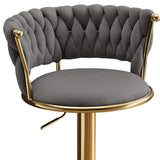 Set of Two Gray and Gold Velvet and Metal Low Back Adjustable Height Swivel Bar Chairs - HomeRoots - Flyclothing LLC