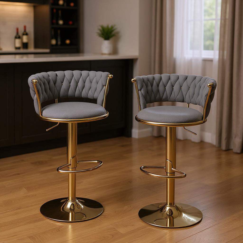 Set of Two Gray and Gold Velvet and Metal Low Back Adjustable Height Swivel Bar Chairs - HomeRoots - Flyclothing LLC