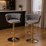 Set of Two Gray and Gold Velvet and Metal Low Back Adjustable Height Swivel Bar Chairs - HomeRoots - Flyclothing LLC