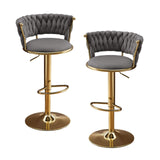 Set of Two Gray and Gold Velvet and Metal Low Back Adjustable Height Swivel Bar Chairs - HomeRoots - Flyclothing LLC