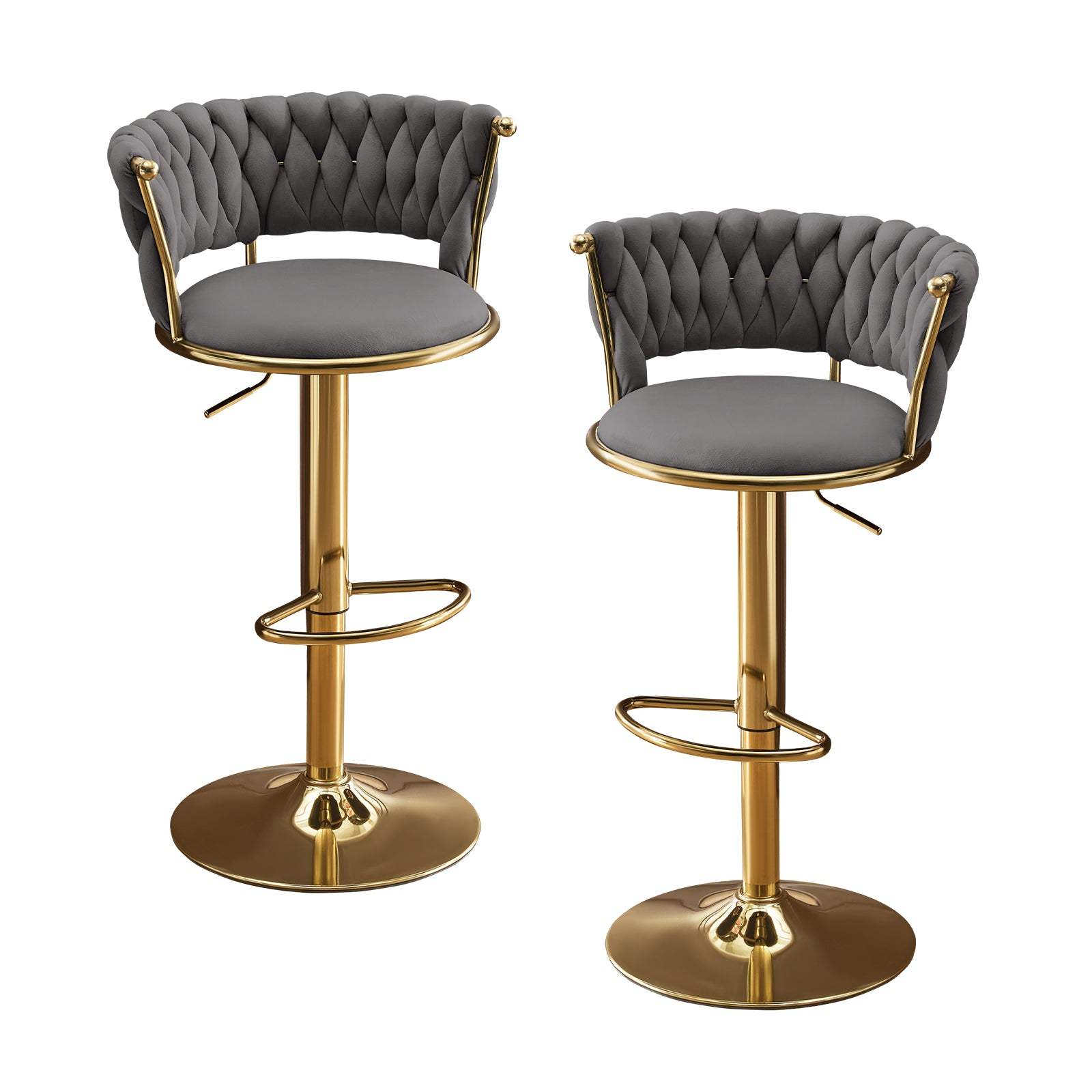 Set of Two Gray and Gold Velvet and Metal Low Back Adjustable Height Swivel Bar Chairs - HomeRoots - Flyclothing LLC