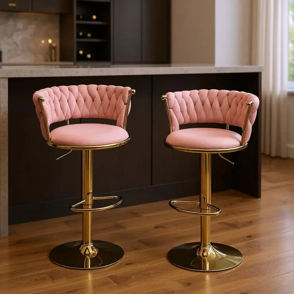 Set of Two Pink and Gold Velvet and Metal Low Back Adjustable Height Swivel Bar Chairs - Homeroots - Flyclothing LLC