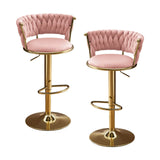 Set of Two Pink and Gold Velvet and Metal Low Back Adjustable Height Swivel Bar Chairs - Homeroots - Flyclothing LLC
