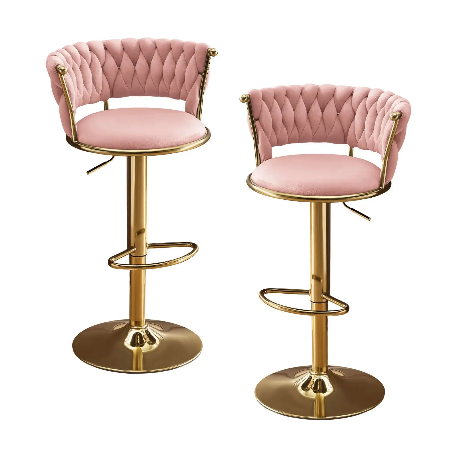 Set of Two Pink and Gold Velvet and Metal Low Back Adjustable Height Swivel Bar Chairs - Homeroots - Flyclothing LLC