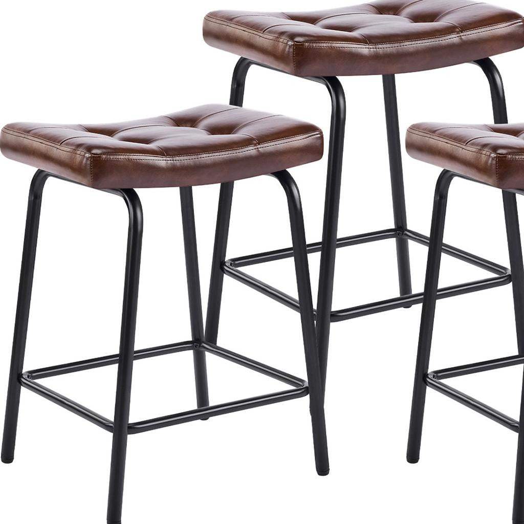 Set of Three 23" Brown and Black Faux Leather and Metal Counter Height Bar Chairs - HomeRoots - Flyclothing LLC
