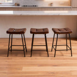 Set of Three 23" Brown and Black Faux Leather and Metal Counter Height Bar Chairs - HomeRoots - Flyclothing LLC