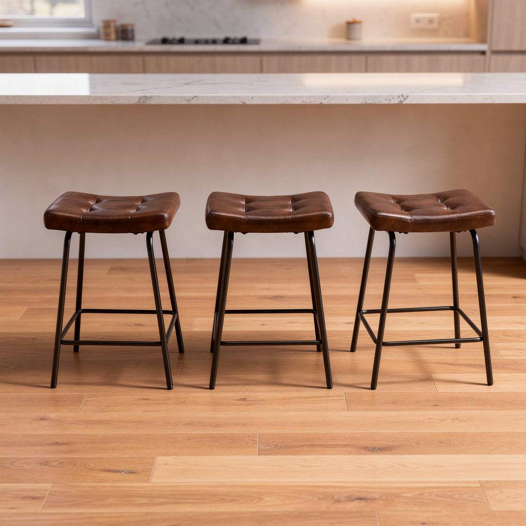 Set of Three 23" Brown and Black Faux Leather and Metal Counter Height Bar Chairs - HomeRoots - Flyclothing LLC